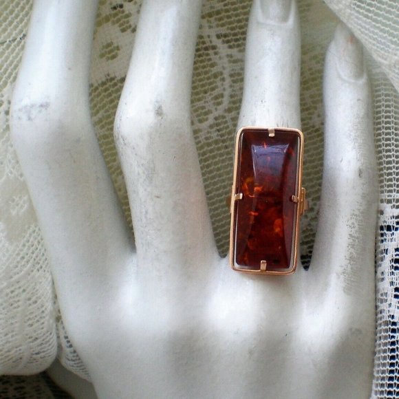 NEW Russian Russia USSR 14K 585 Rose Pink Gold Baltic Honey Amber Cocktail RING - Picture 8 of 9